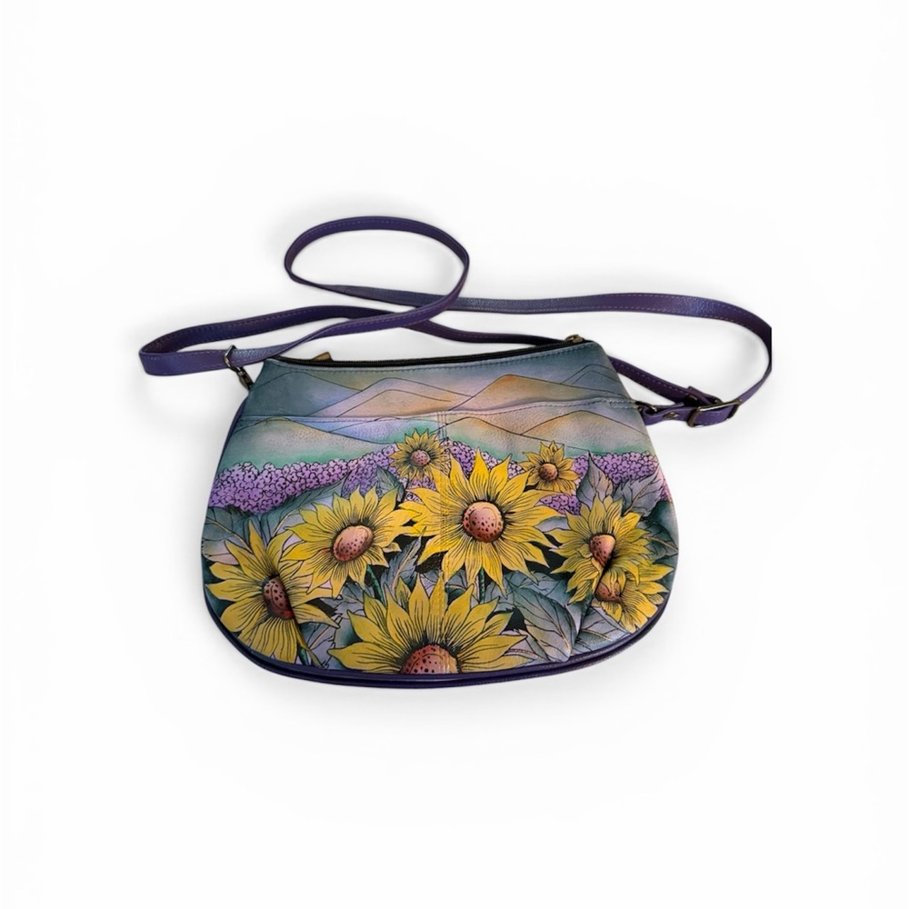 Anuschka Yellow Sunflower Hand-Painted Crossbody with Purple Strap - Picture 4 of 4